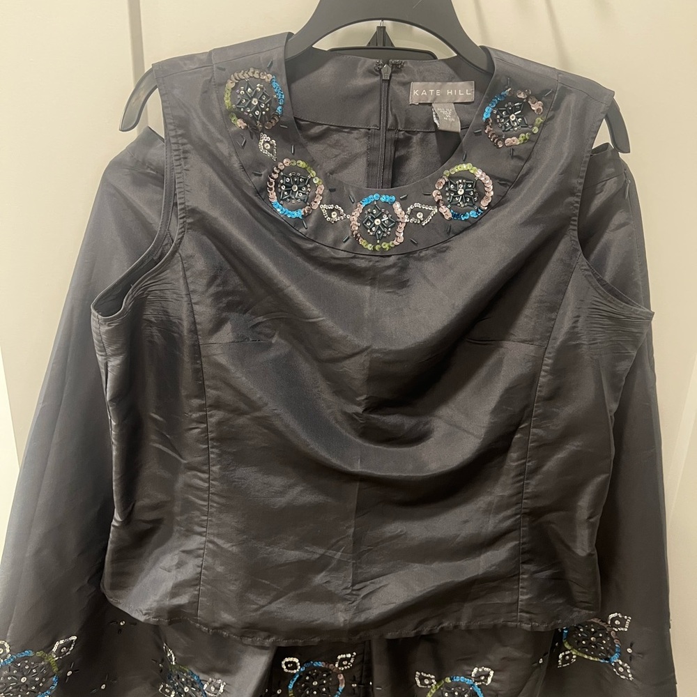 Kate Hill grayish blue Top with skirt Blue and Green Embroidery.